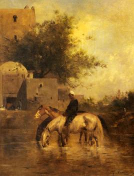 Eugene Fromentin : Horses Watering In A River